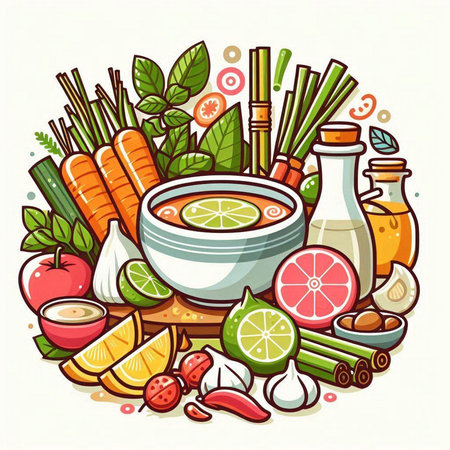 Vegetable soup with herbs and spices. Hand drawn vector illustration.のイラスト素材