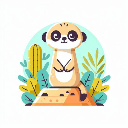 Cute meerkat sitting on the sand in the desert. Vector illustrationのイラスト素材