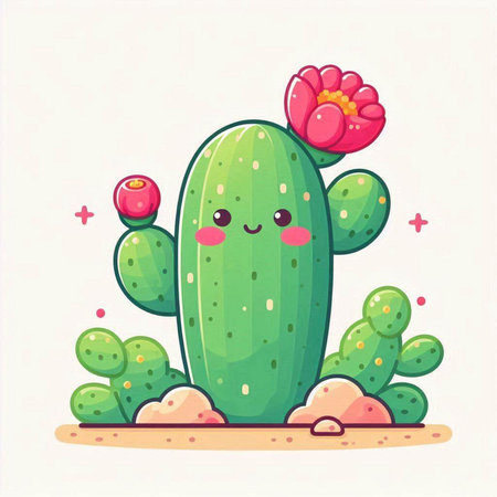 Cute cartoon cactus character with flower. Cute cactus vector illustrationのイラスト素材