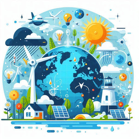 Ecology concept with solar panels, wind turbines, windmills, solar panels, sun, house and globe. Vector illustrationのイラスト素材