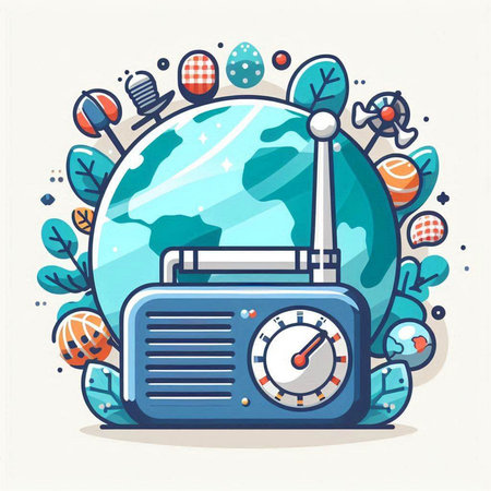 Vector illustration of Radio with world map in the background. Flat design.のイラスト素材