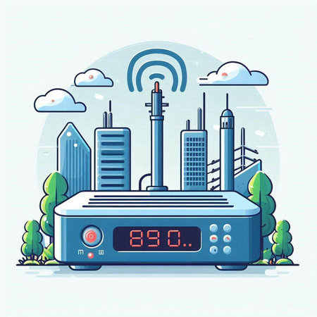 Vector illustration of modern smart city with wifi router. Flat style design.のイラスト素材