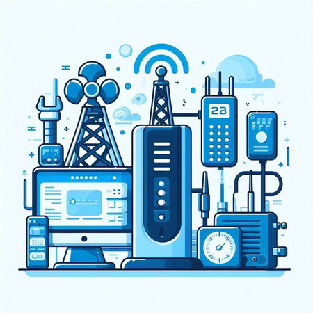 Set of telecommunication equipment in flat line style. Vector illustration.のイラスト素材