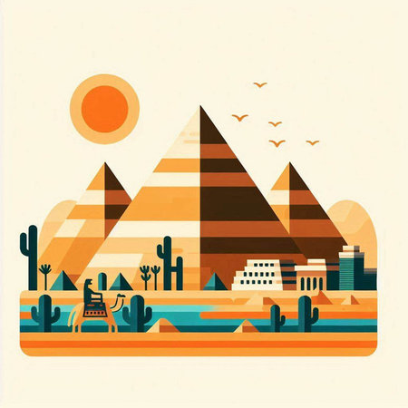 Egypt, pyramids and desert landscape. Vector illustration in flat styleのイラスト素材