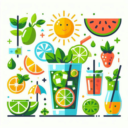 Summer flat vector illustration. Colorful summer icon set with fruit and berries.のイラスト素材