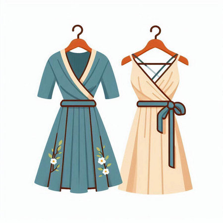 Women's dress on hangers. Vector illustration isolated on white background.のイラスト素材