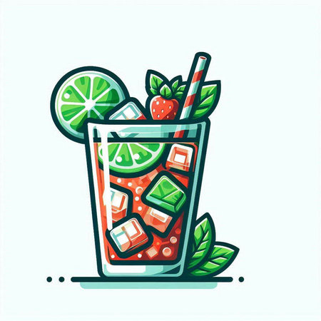 Strawberry mojito with mint and lime. Vector illustration.のイラスト素材