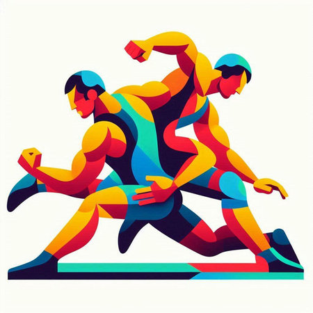 Athlete run race. Colorful abstract geometric background. Vector illustration.のイラスト素材