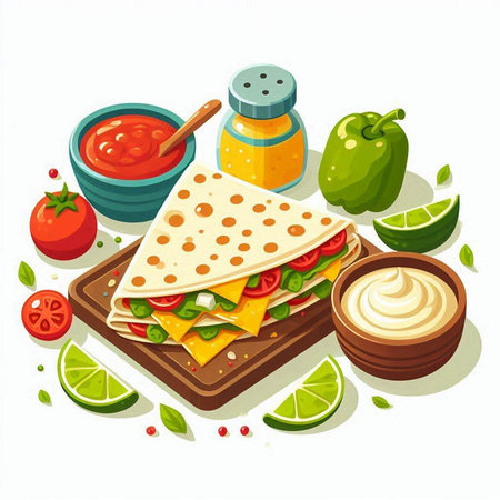 Mexican food vector illustration. Cheeseburger with cheese, salsa, guacamole, tomato, pepper, lime and mayonnaiseのイラスト素材