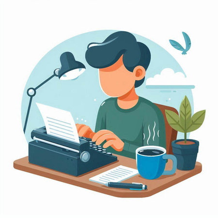 Man working with typewriter at home. Flat style vector illustration.のイラスト素材
