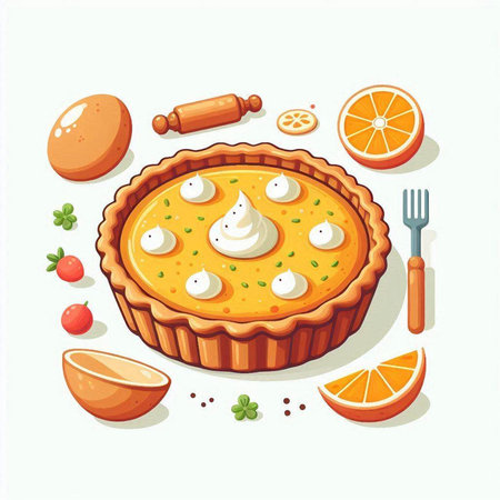 Vector illustration of a pie with cream, orange, carrot and parsleyのイラスト素材