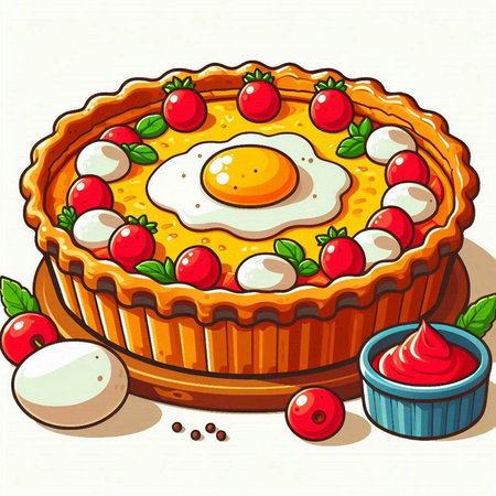 Illustration of a pie with a fried egg and cherries.のイラスト素材
