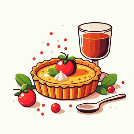 Illustration of a pie with berries, strawberries and a glass of red wineのイラスト素材