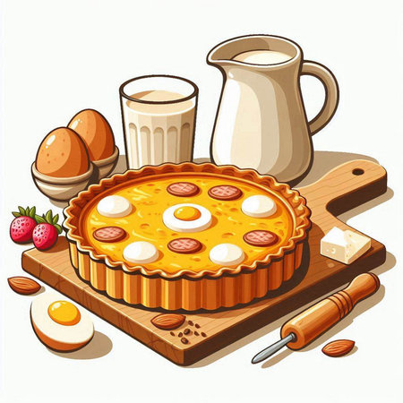 Illustration of a pie with eggs and milk on a white backgroundのイラスト素材