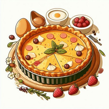 Homemade pie with berries and eggs on wooden board, vector illustrationのイラスト素材