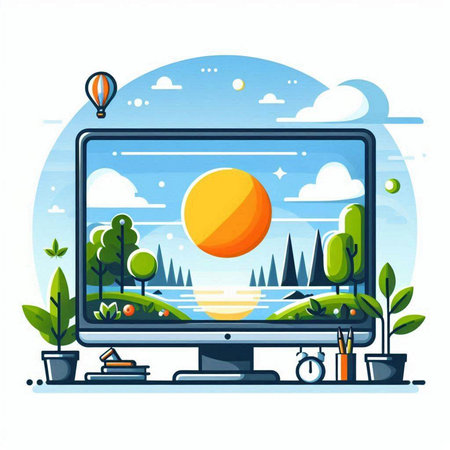 Vector illustration of a flat design of a TV screen with a landscape.のイラスト素材