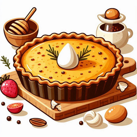 Illustration of a piece of pie with cream and ingredients on a white backgroundのイラスト素材