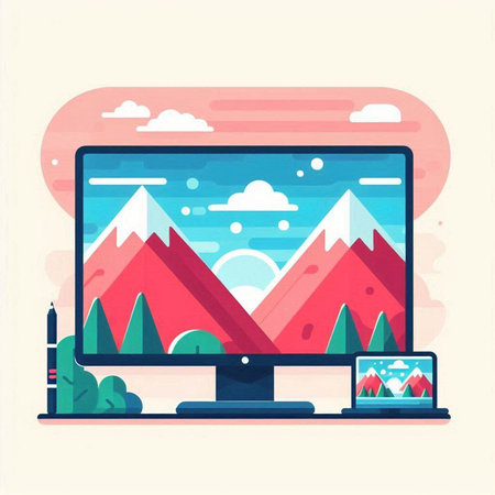 Landscape with mountains and sky on computer screen. Vector illustration.のイラスト素材