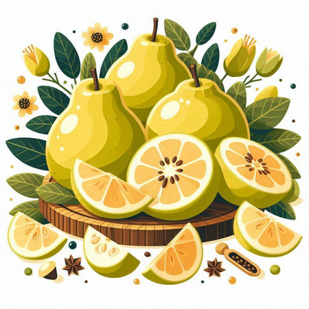 Vector illustration of fresh pears with leaves and flowers on white backgroundのイラスト素材