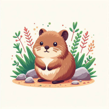 Cute hamster sitting on the ground in the forest. Vector illustration.のイラスト素材