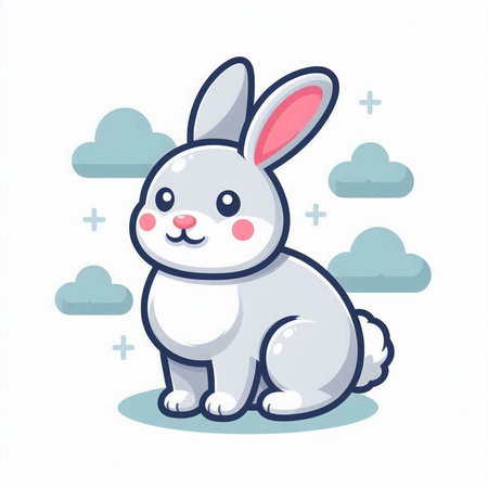 Cute cartoon rabbit sitting in the clouds. Vector illustration on white background.のイラスト素材
