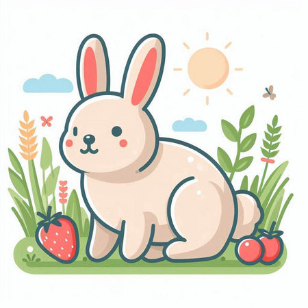 Cute Easter bunny sitting in the grass with strawberries. Vector illustration.のイラスト素材