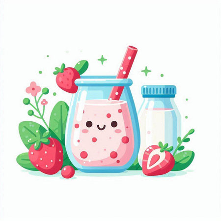 Smoothie with strawberries and milk in a glass jar. Vector illustration.のイラスト素材