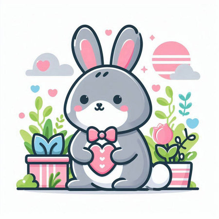 Cute rabbit with heart and gift box. Vector illustration in cartoon style.のイラスト素材