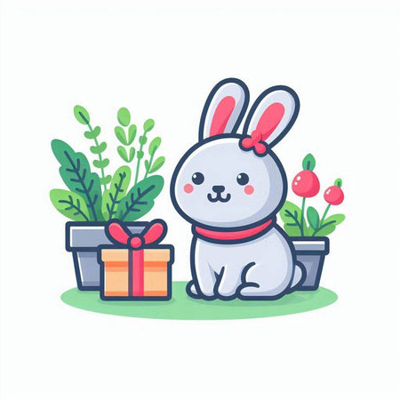 Cute rabbit with a gift box. Vector illustration in cartoon style.のイラスト素材