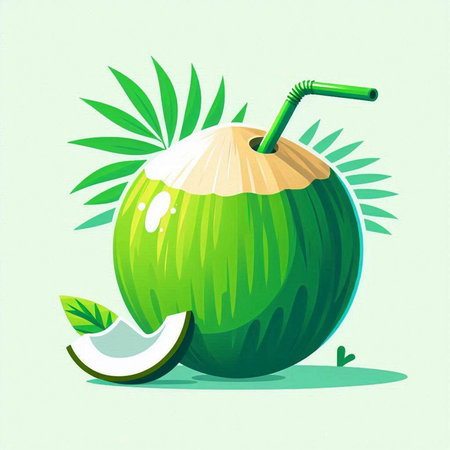 Coconut drink with straw on green background. Vector illustration.のイラスト素材