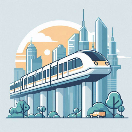 Modern high-speed train on the background of the city. Vector illustration.のイラスト素材