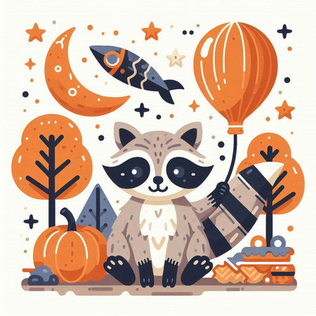 Cute raccoon sitting in the forest and holding a pumpkin. Vector illustration.のイラスト素材