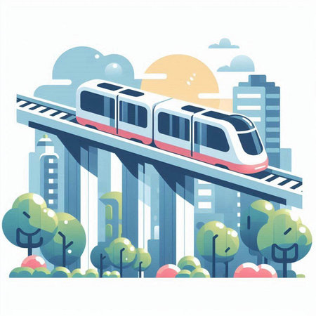 High speed train in the city. Vector illustration, flat style.のイラスト素材