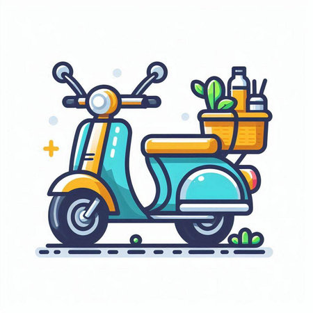 Vintage scooter flat color vector icon. Motorcycle with basket of food.のイラスト素材