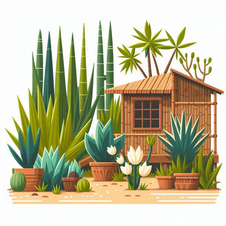 Illustration of a cactus garden with a bungalow.のイラスト素材