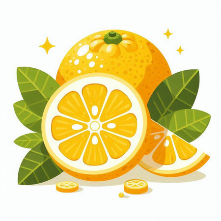 Illustration of fresh orange with leaves and slices on a white backgroundのイラスト素材