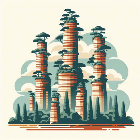 Power plant with many trees on top. Vector illustration in retro style.のイラスト素材