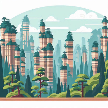 Landscape of the forest with trees and mountains. Vector illustration.のイラスト素材