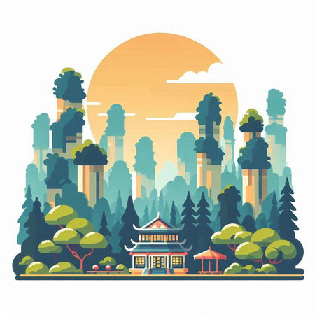 vector illustration of a chinese temple in the forest. flat styleのイラスト素材