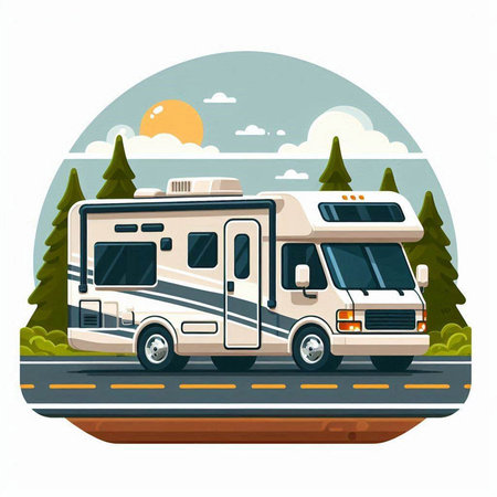 Camper car on the road, vector illustration in flat style.のイラスト素材