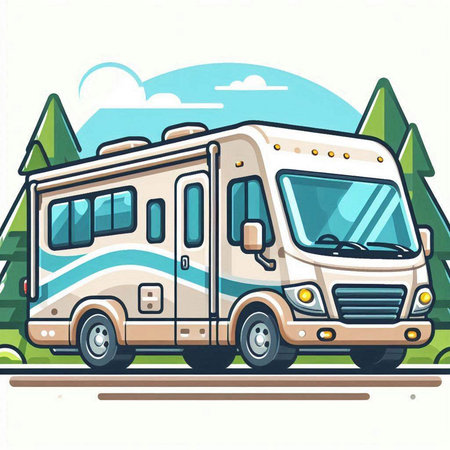 Vector illustration of a camper car on the road in the forestのイラスト素材