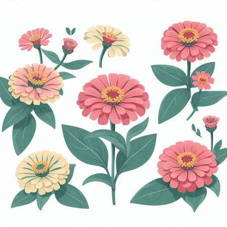 Zinnia flowers set. Vector illustration. Isolated on white background.のイラスト素材