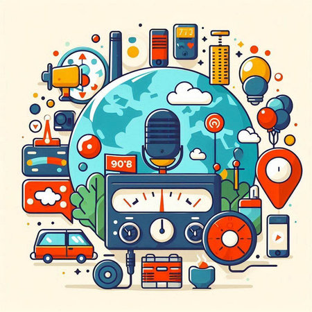 Vector illustration of flat line icons set - radio, music, internet, technology.のイラスト素材
