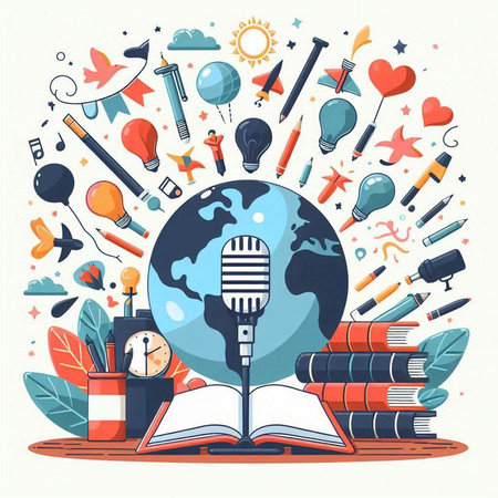 Vector illustration of education and learning concept with microphone, books, planet, lamp, pencils and other elements.のイラスト素材