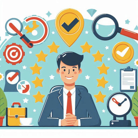 Businessman in the office with a set of icons. Vector illustrationのイラスト素材