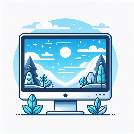 Vector illustration of a computer monitor with winter landscape in flat style.のイラスト素材