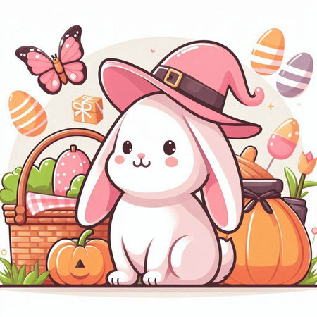 Cute Easter bunny with basket of eggs. Vector illustration in cartoon style.のイラスト素材