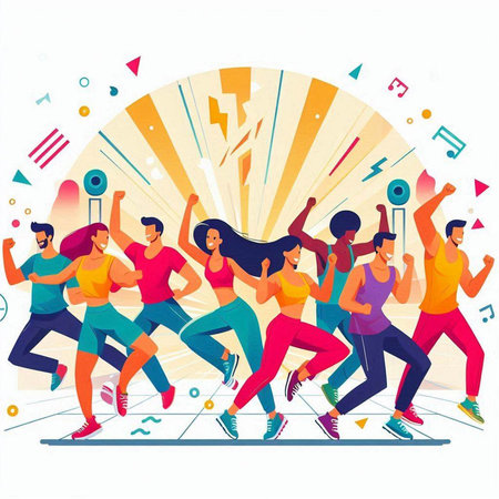 Vector illustration of a group of people dancing at a music festival.のイラスト素材