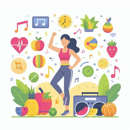Healthy lifestyle concept with fitness icons. Vector illustration in flat styleのイラスト素材