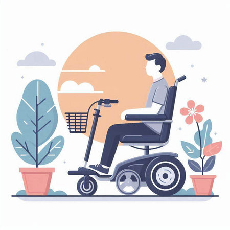 Disabled man in wheelchair. Vector illustration in flat cartoon style.のイラスト素材